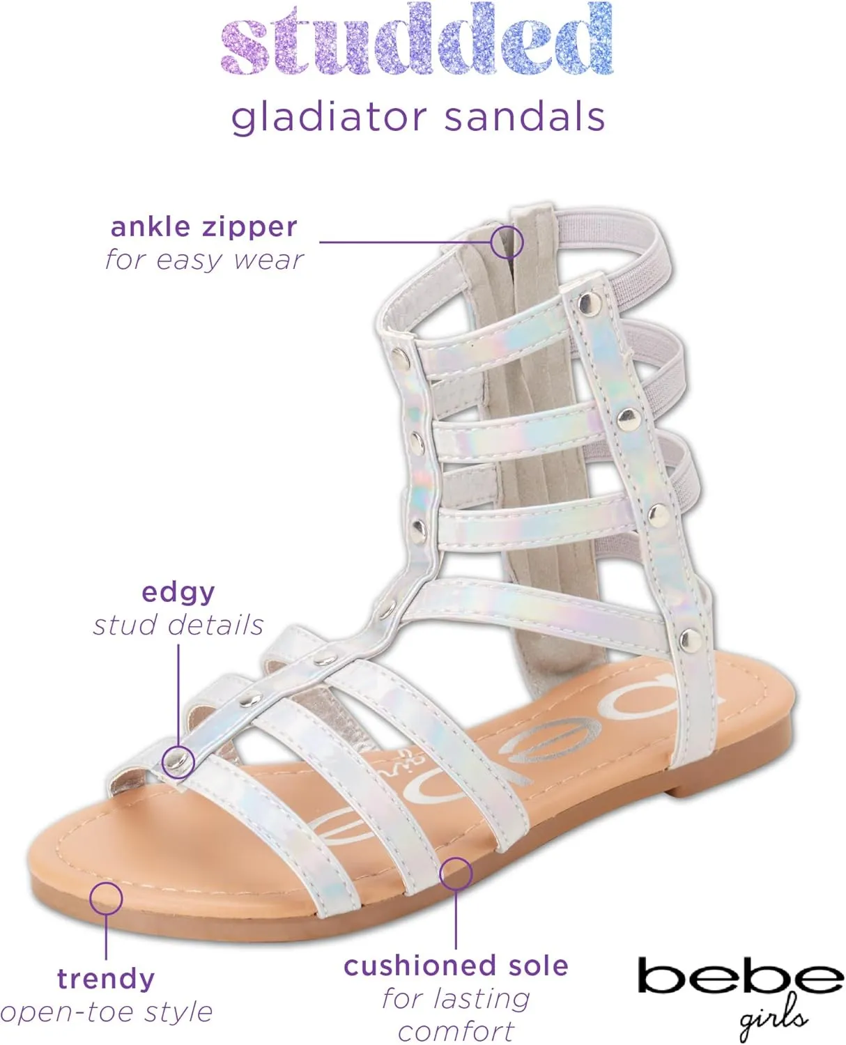 bebe Toddler Girls Sandals - Lightweight Leather Open Toe Summer Dressy Flat Strappy Girls Gladiator Sandals