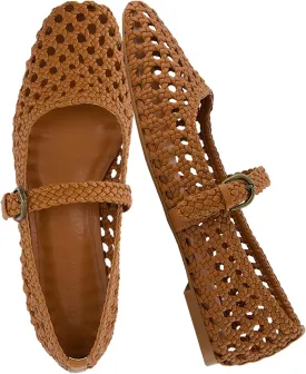 CUSHIONAIRE Weston Womens Hand Woven Dressy Ballet Flats  Faux Leather Mary Jane with Adjustable Strap & Memory Foam