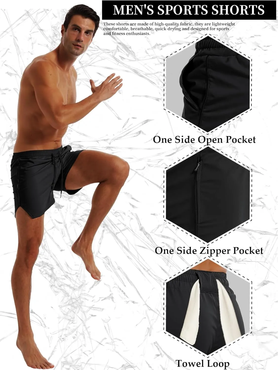 FLYFIREFLY Men's Gym Workout Shorts Quick Dry Lightweight Athletic Shorts Running Bodybuilding Training with Towel Loop