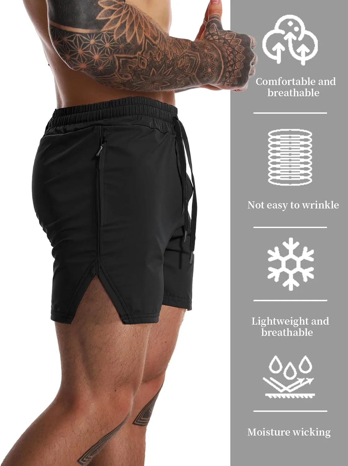 FLYFIREFLY Men's Gym Workout Shorts Quick Dry Lightweight Athletic Shorts Running Bodybuilding Training with Towel Loop
