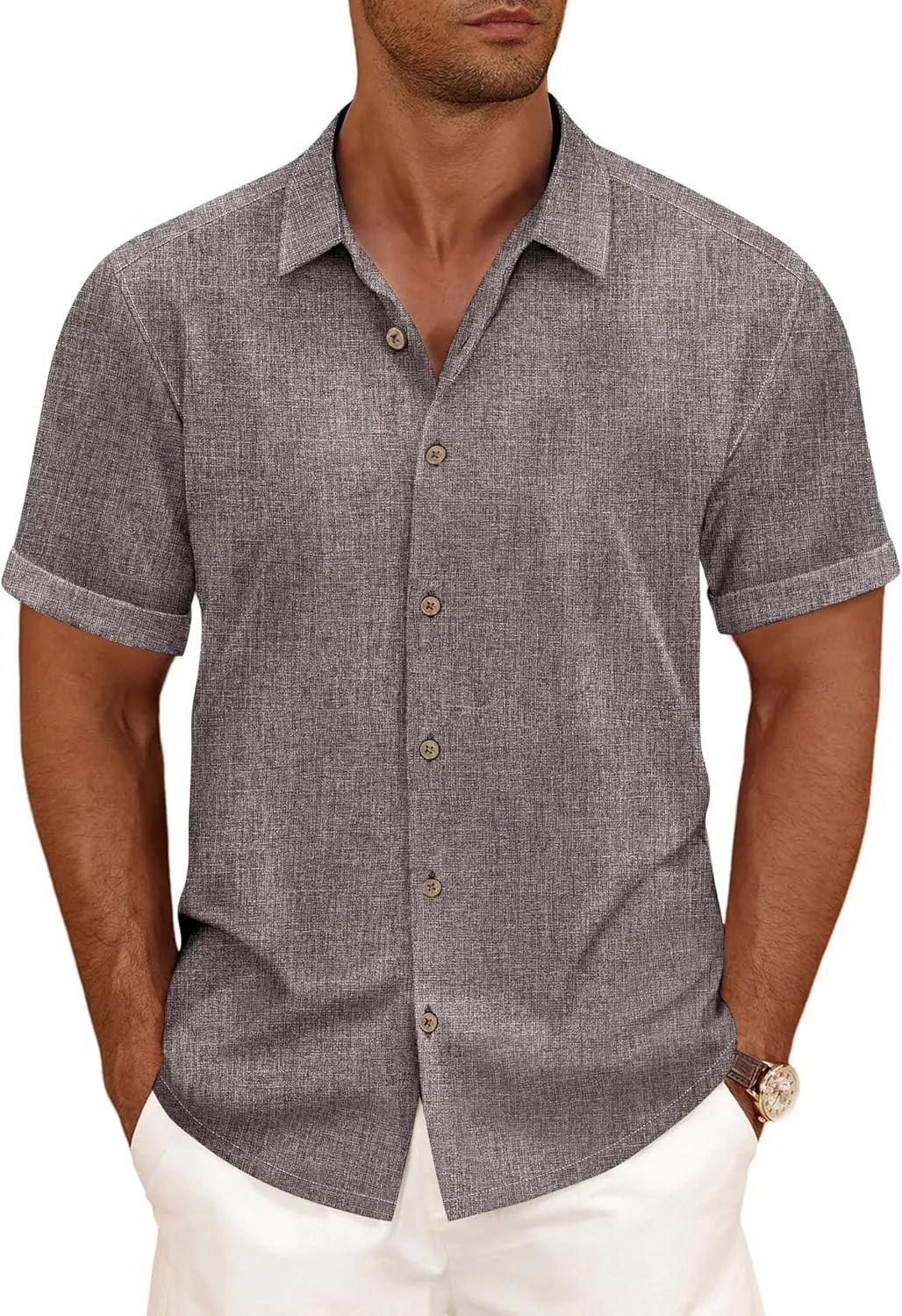 Linen Shirts for Men Casual Short Sleeve Button Down Shirt Cool Summer Beach Wedding Vacation Tops