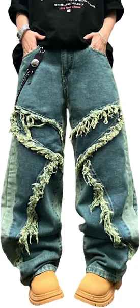 Mens Baggy Jeans Street Rock Style Fringe Frayed Edges Jeans Patchwork Wide Leg Skater Denim Pant