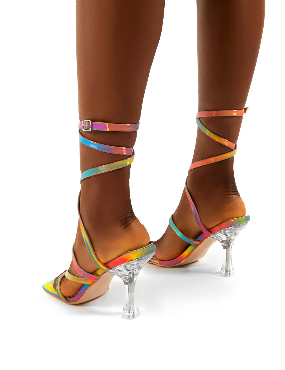 Sugar Holographic Wrap Ankle Clear Perspex Square Toe Heels