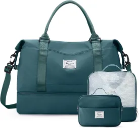 Weekender Bags for Women,Travel Duffle Overnight Bag with Shoe Compartment,Personal Item Carry On Bag,Peacock Blue,Extra Large,3 Pcs Set